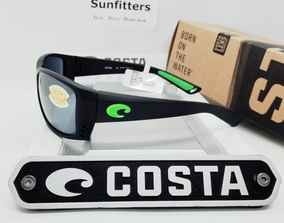 Costa Del Mar CAT CAY sunglasses - Matte Black (Green Logo)/Silver Mirror 580P